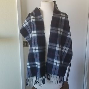 Conquista Blue White Red Plaid Fringed Wool Scarf